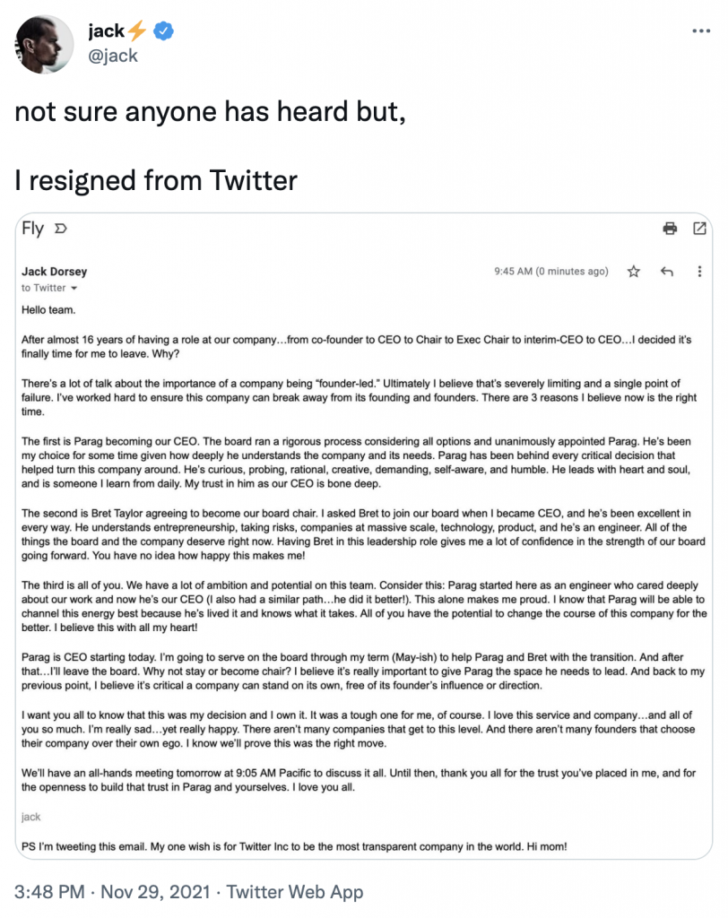 Twitter CEO Jack Dorsey's letter