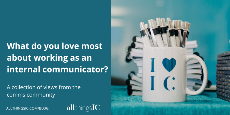 Promotional image featuring a white mug with I heart IC in teal on the front, filled with All Things IC branded pens to promote the blog article What do you love most about working as an internal communicator?